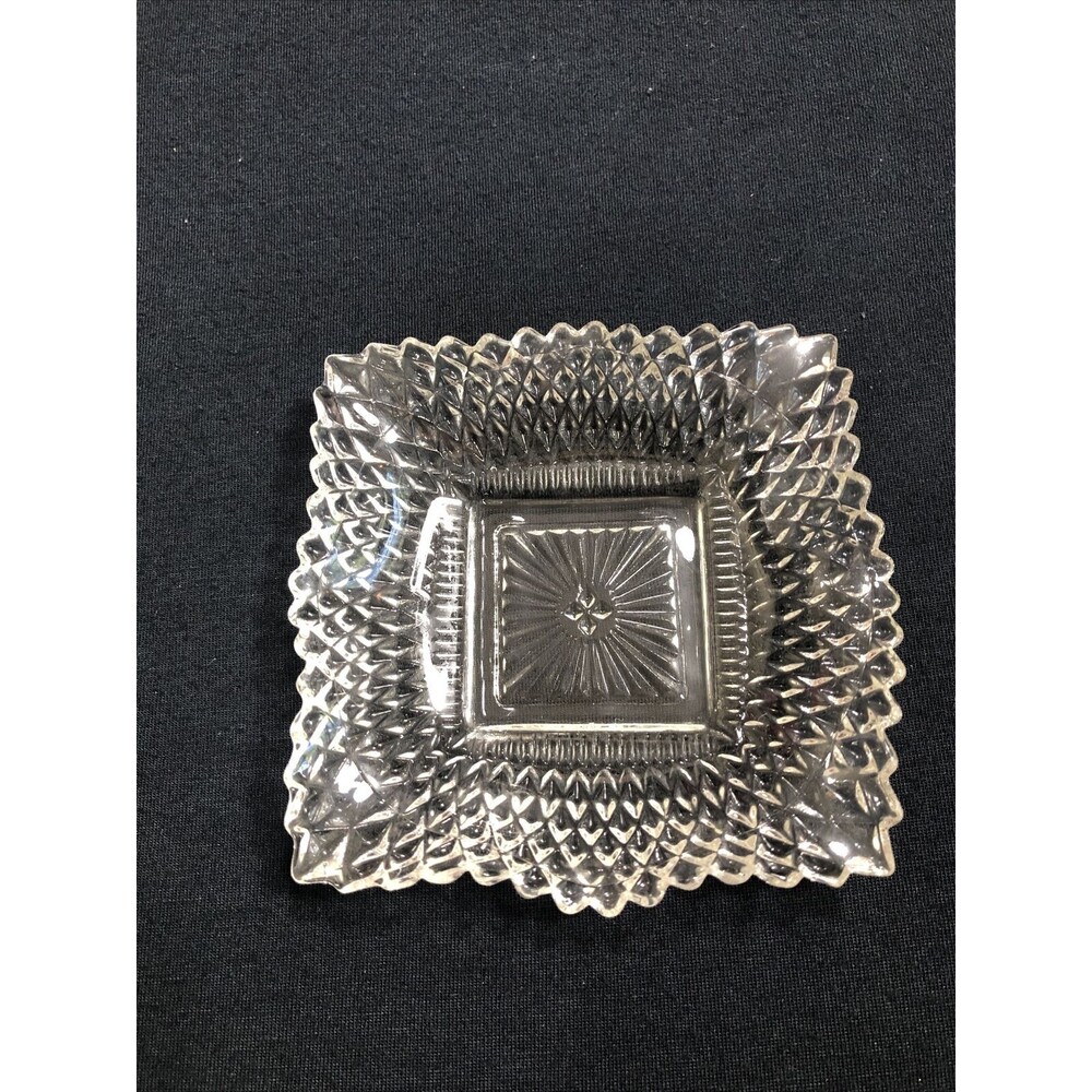 Vintage Fluted Glass Ashtray Ruffle Edge Square Diamond Pattern Decorative 4”